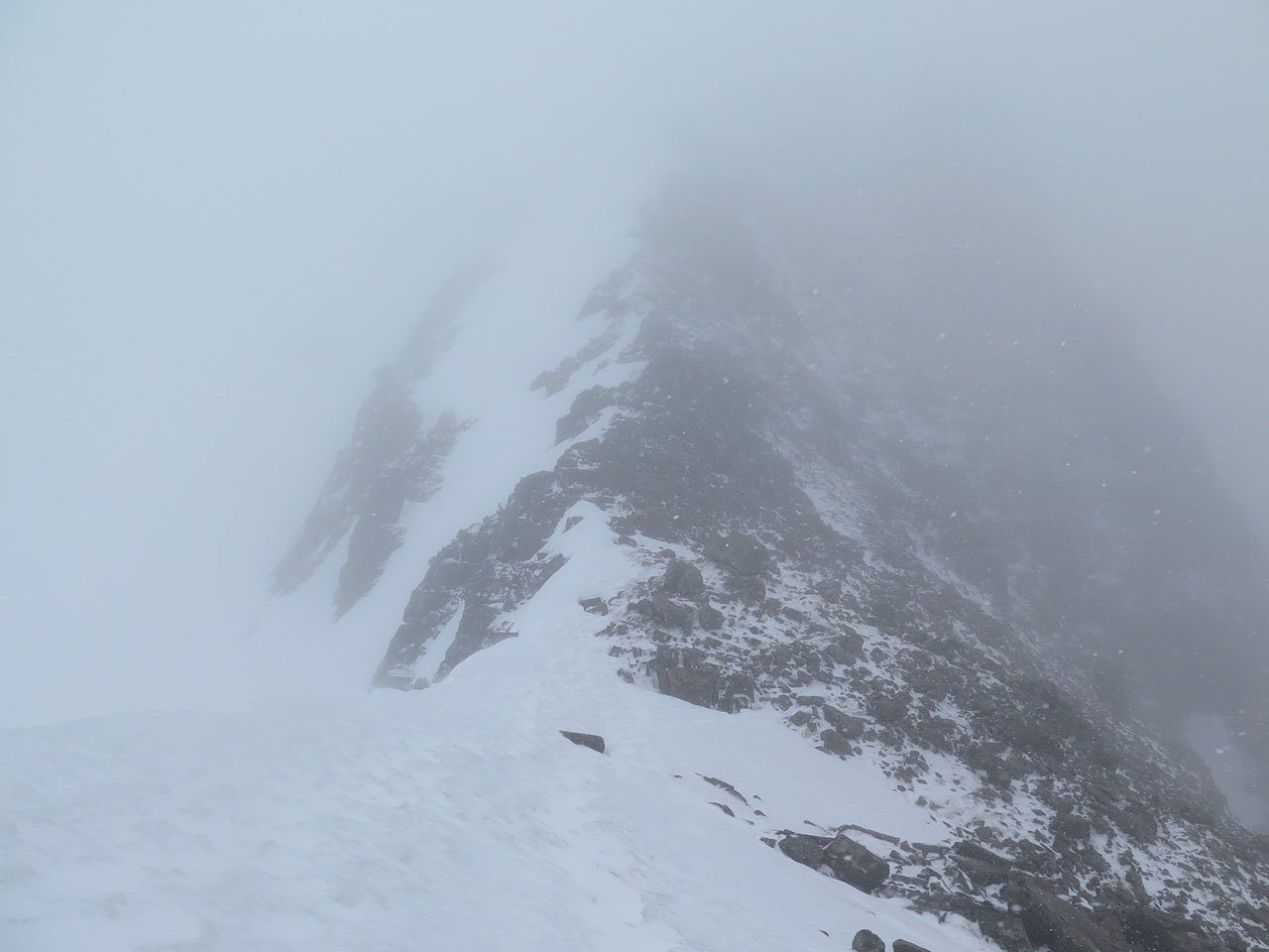 Poor visibility up Diamond ridge to summit of Bidean
